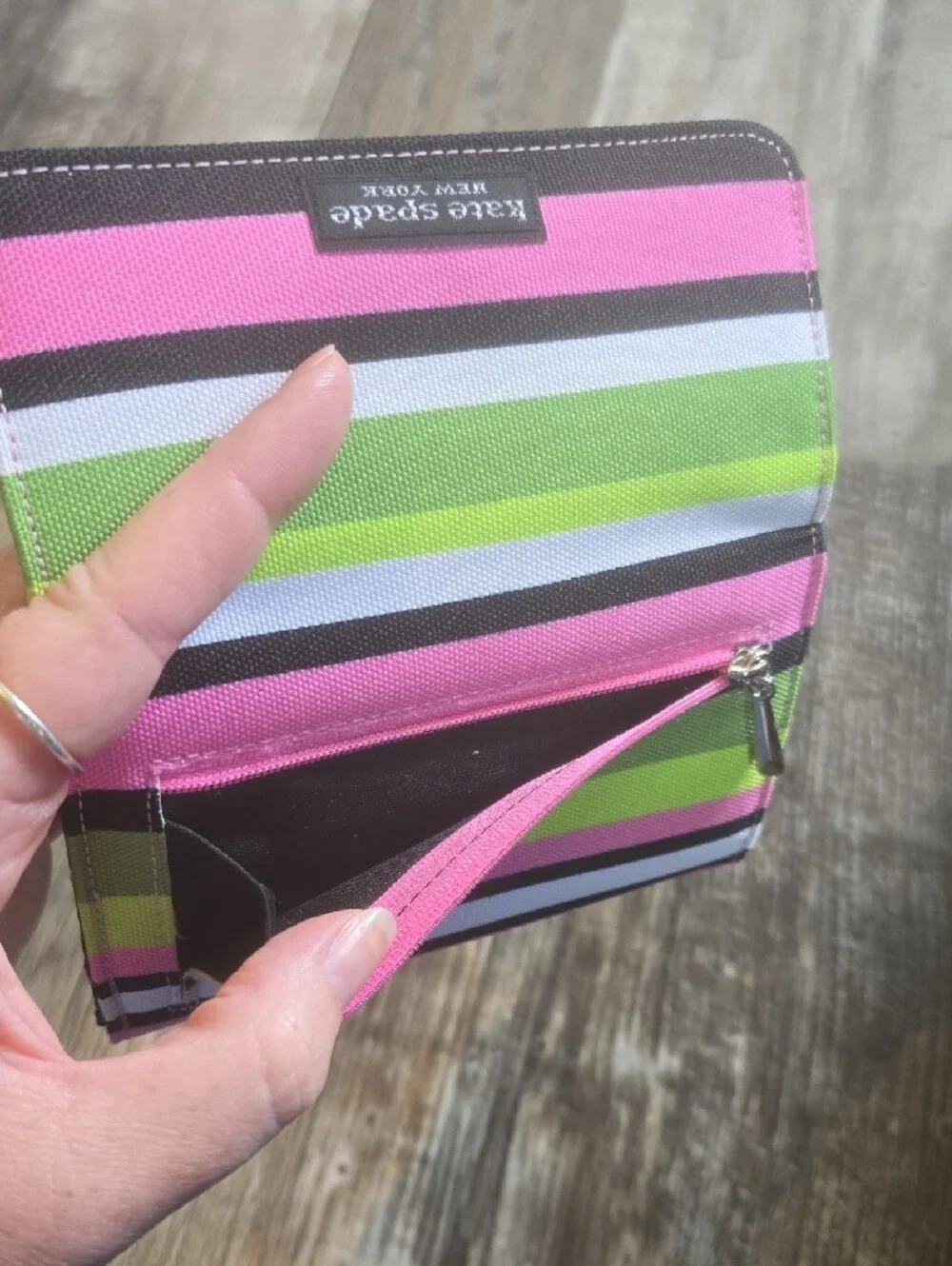 kate spade striped trifold wallet in lime green, hot pink, black, white, blue